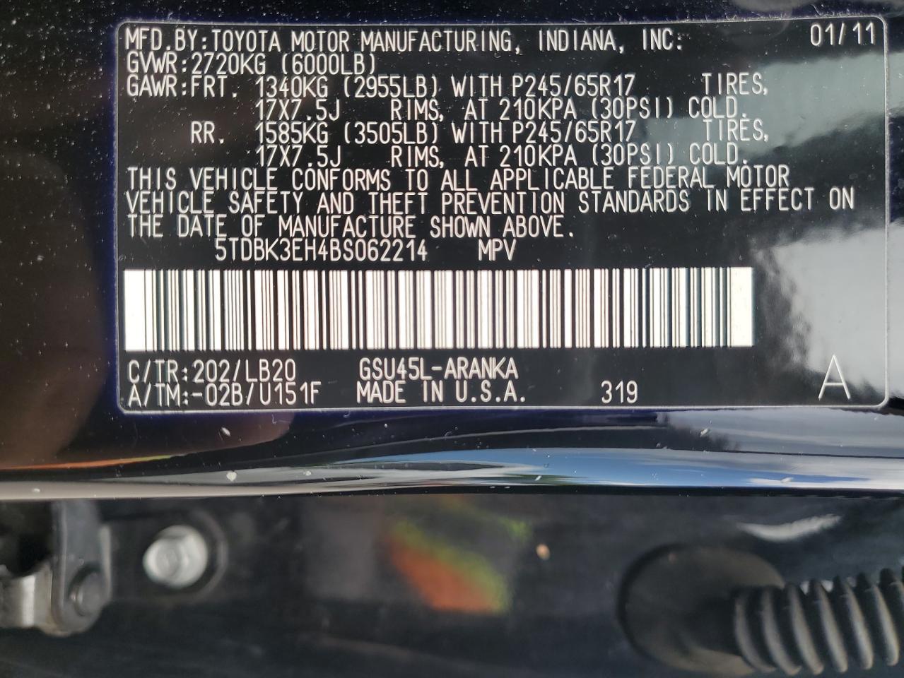 2011 Toyota Highlander Base VIN: 5TDBK3EH4BS062214 Lot: 63242085