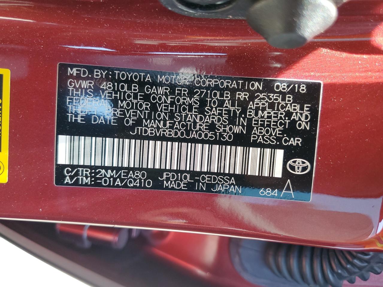 2018 Toyota Mirai VIN: JTDBVRBD0JA005130 Lot: 64692335