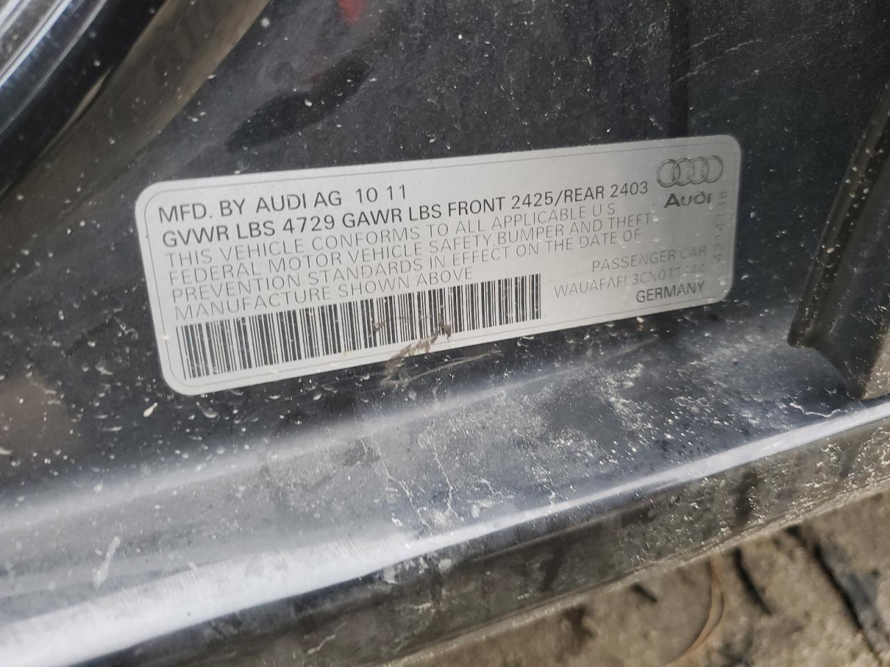 2012 Audi A4 Premium VIN: WAUAFAFL3CN011444 Lot: 62836795