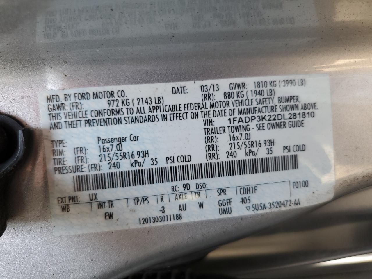 2013 Ford Focus Se VIN: 1FADP3K22DL281810 Lot: 64677565