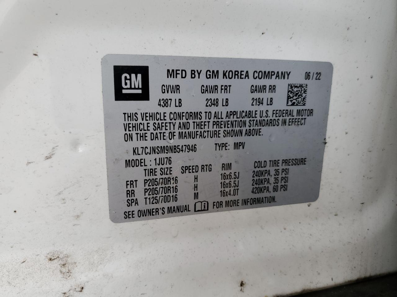 2022 Chevrolet Trax Ls VIN: KL7CJNSM9NB547946 Lot: 65016975