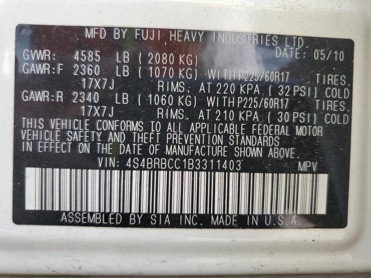 2011 Subaru Outback 2.5I Premium VIN: 4S4BRBCC1B3311403 Lot: 63289555