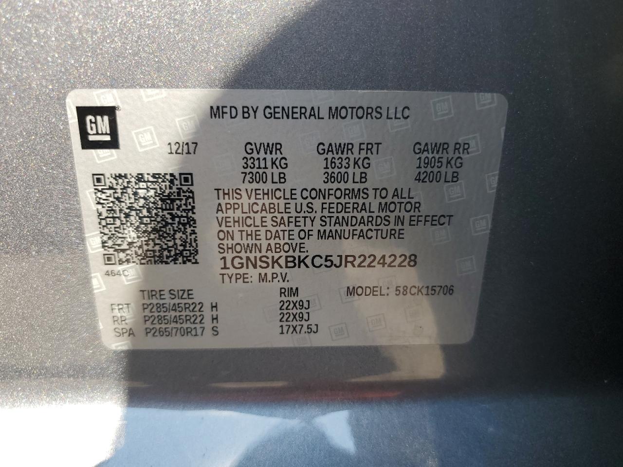 2018 Chevrolet Tahoe K1500 Lt VIN: 1GNSKBKC5JR224228 Lot: 64974495