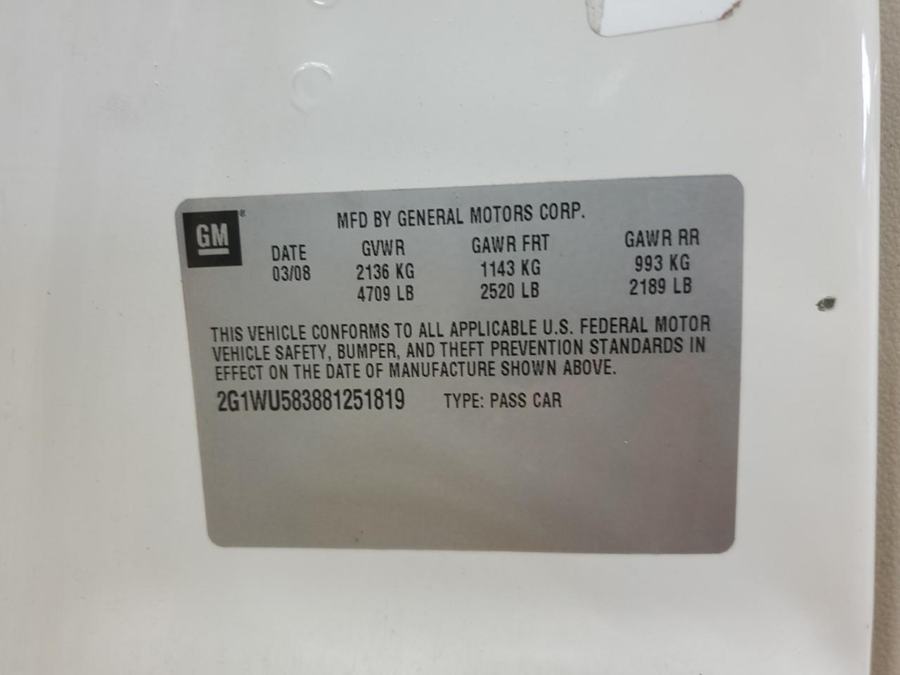 2008 Chevrolet Impala Ltz VIN: 2G1WU583881251819 Lot: 63138415