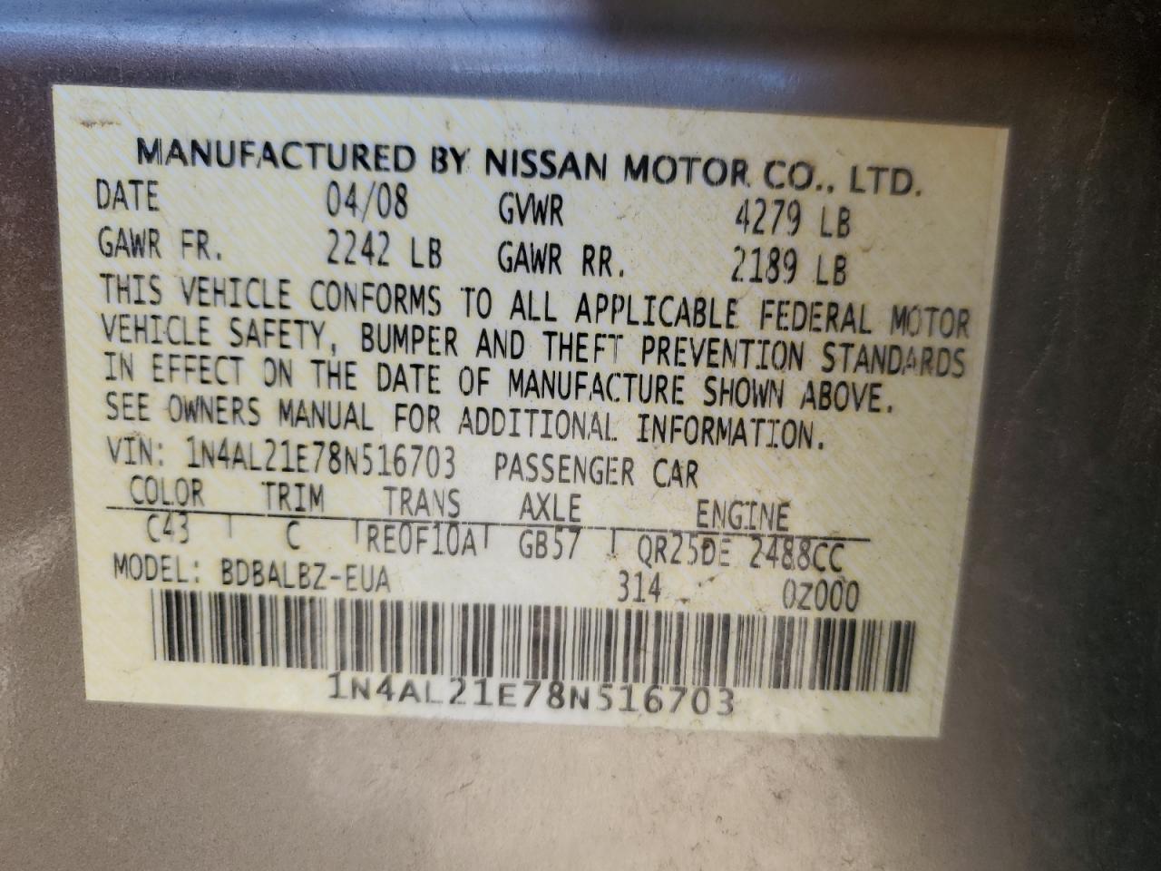 2008 Nissan Altima 2.5 VIN: 1N4AL21E78N516703 Lot: 63340185