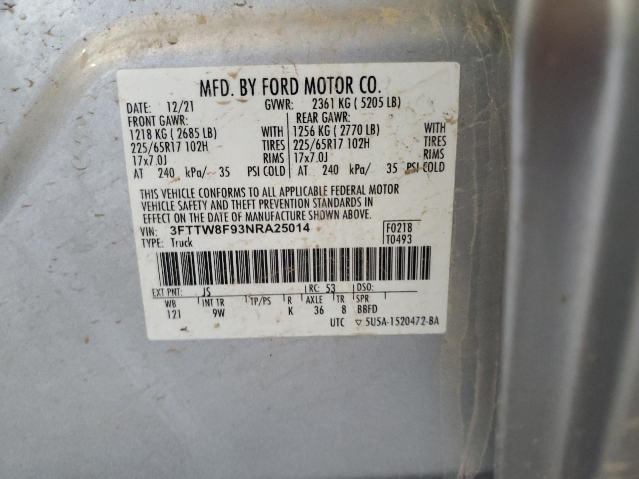 2022 Ford Maverick Xl VIN: 3FTTW8F93NRA25014 Lot: 65328345