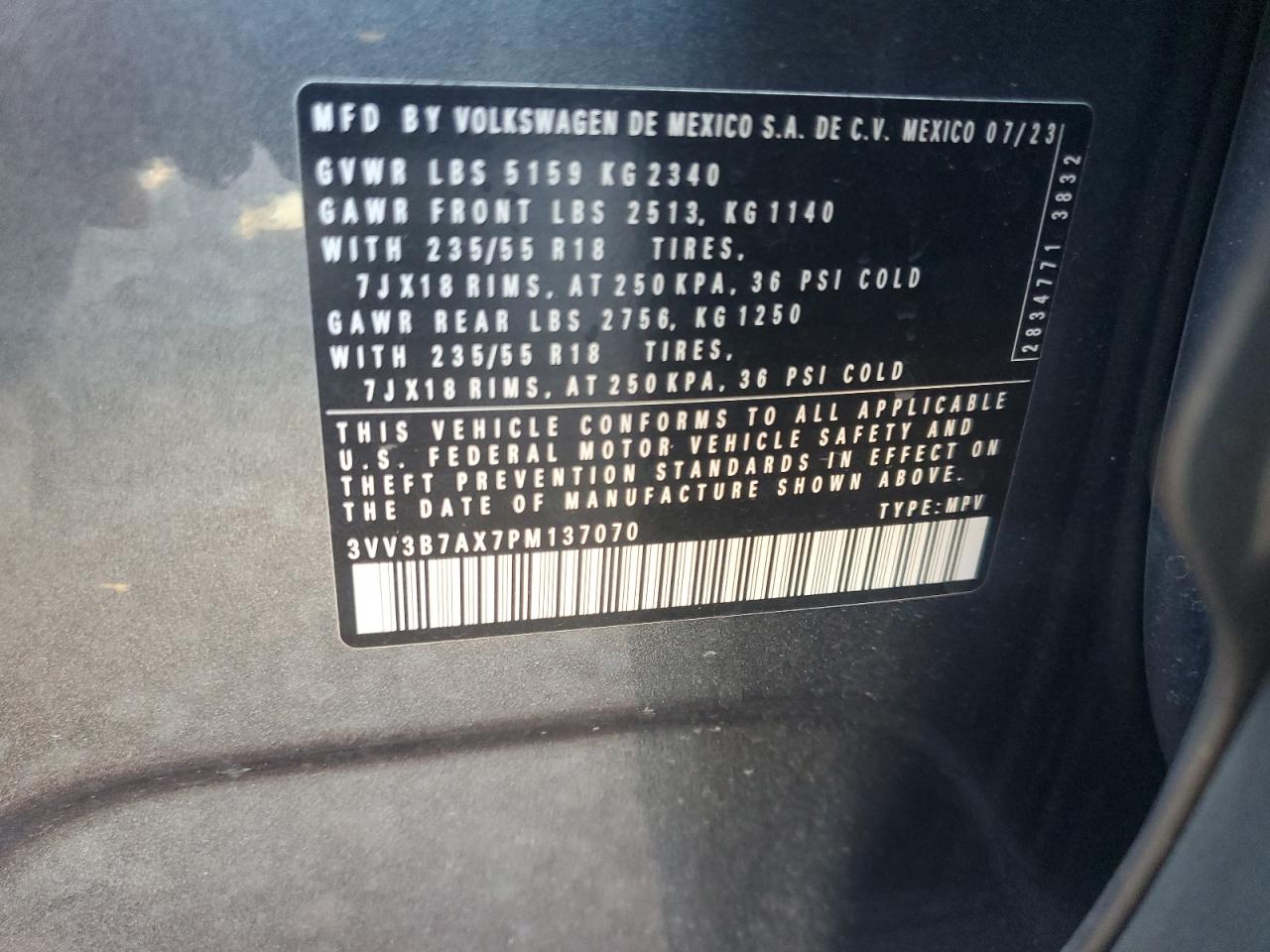 2023 Volkswagen Tiguan Se VIN: 3VV3B7AX7PM137070 Lot: 65336415
