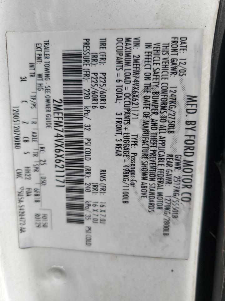 2006 Mercury Grand Marquis Gs VIN: 2MEFM74VX6X621171 Lot: 63213535