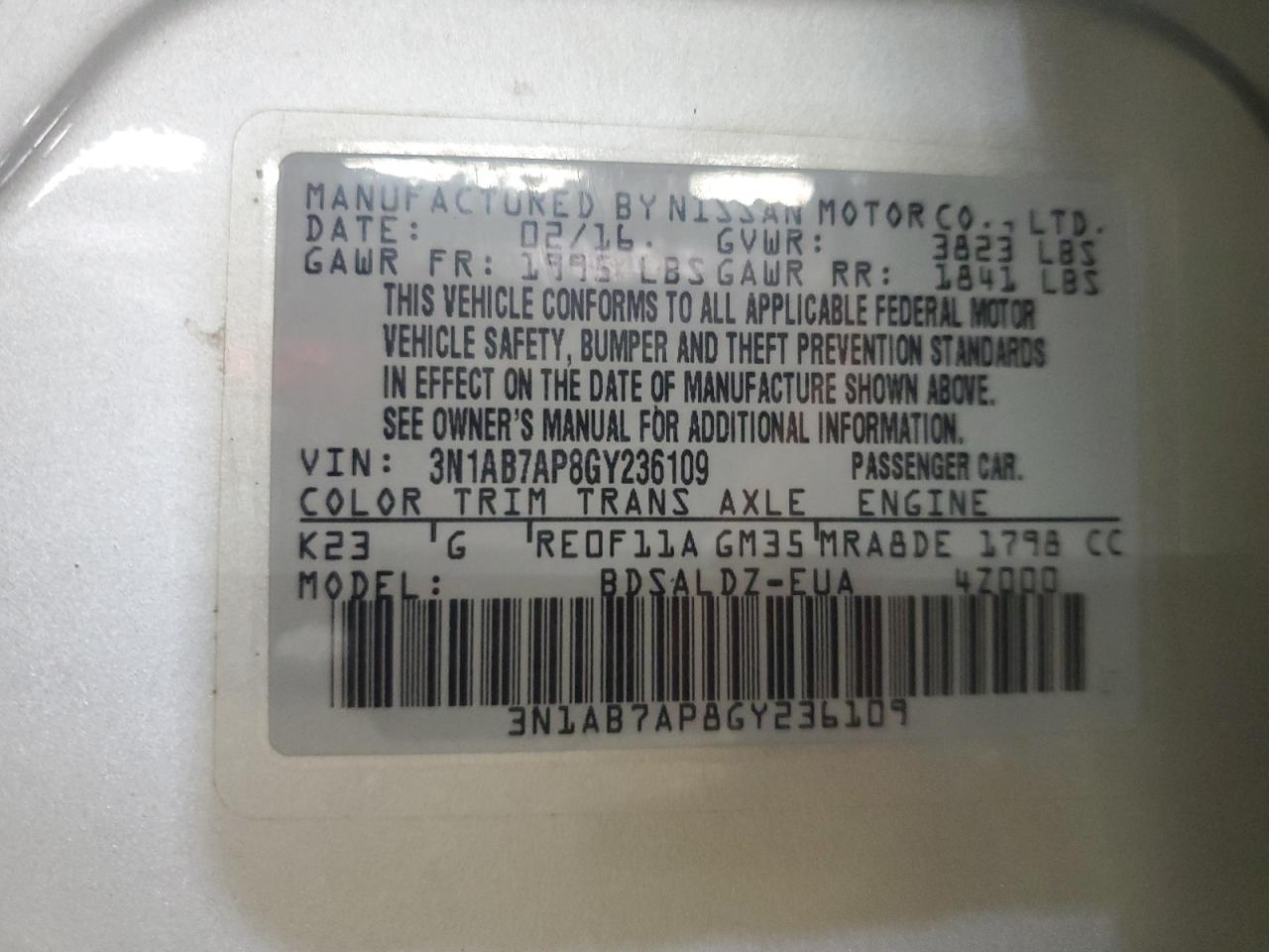 2016 Nissan Sentra S VIN: 3N1AB7AP8GY236109 Lot: 65207565