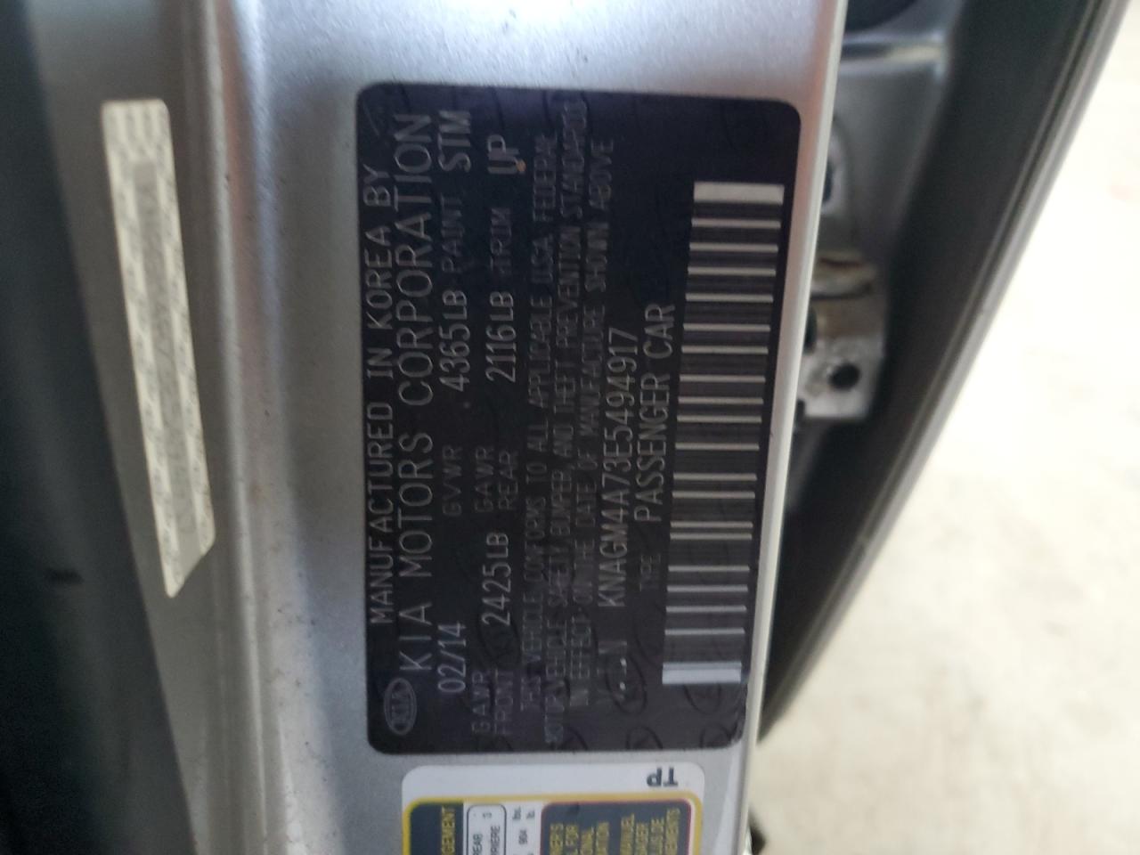 2014 Kia Optima Lx VIN: KNAGM4A73E5494917 Lot: 65395515