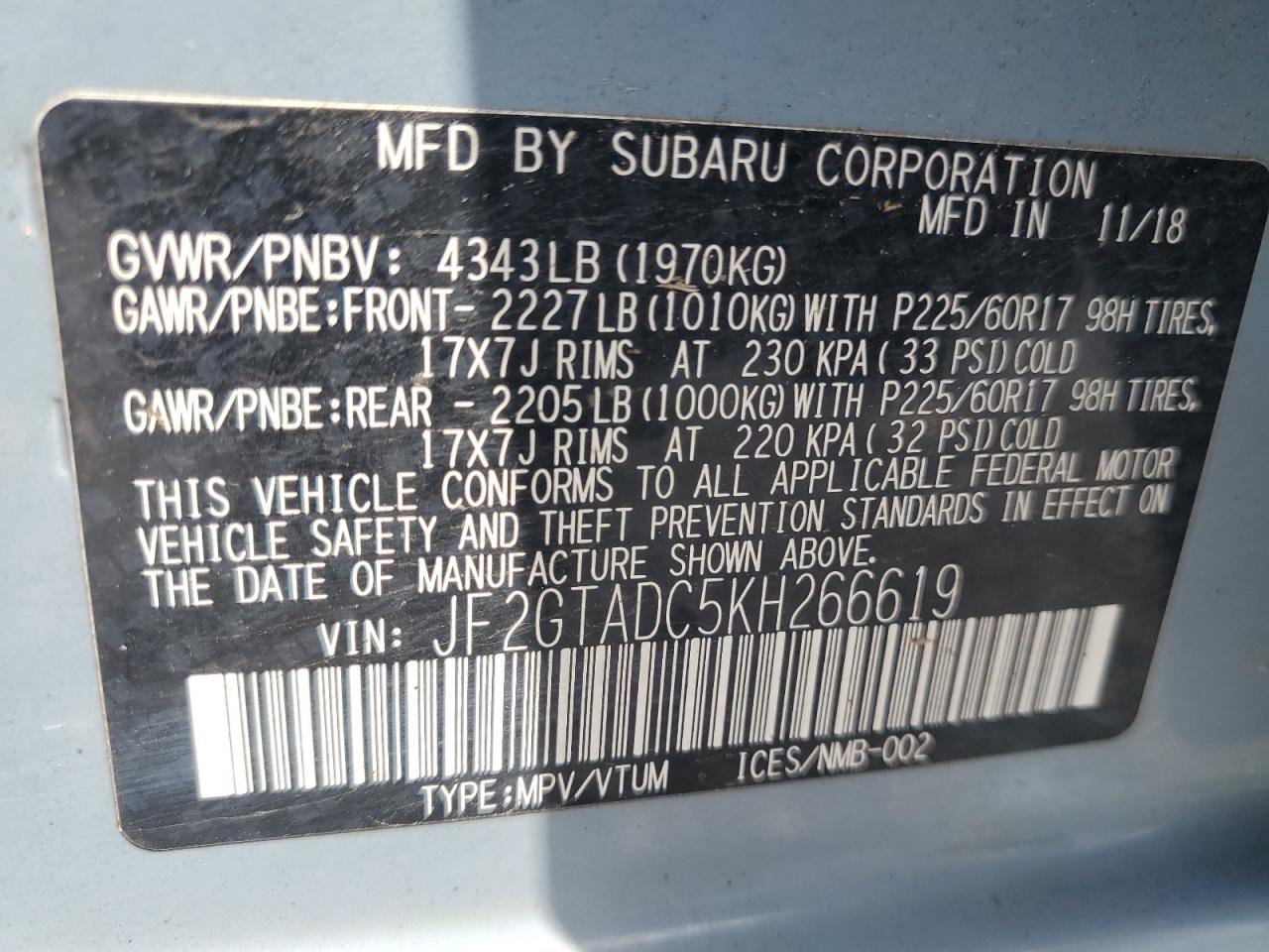 2021 Subaru Crosstrek Premium VIN: JF2GTADC5KH266619 Lot: 64243325