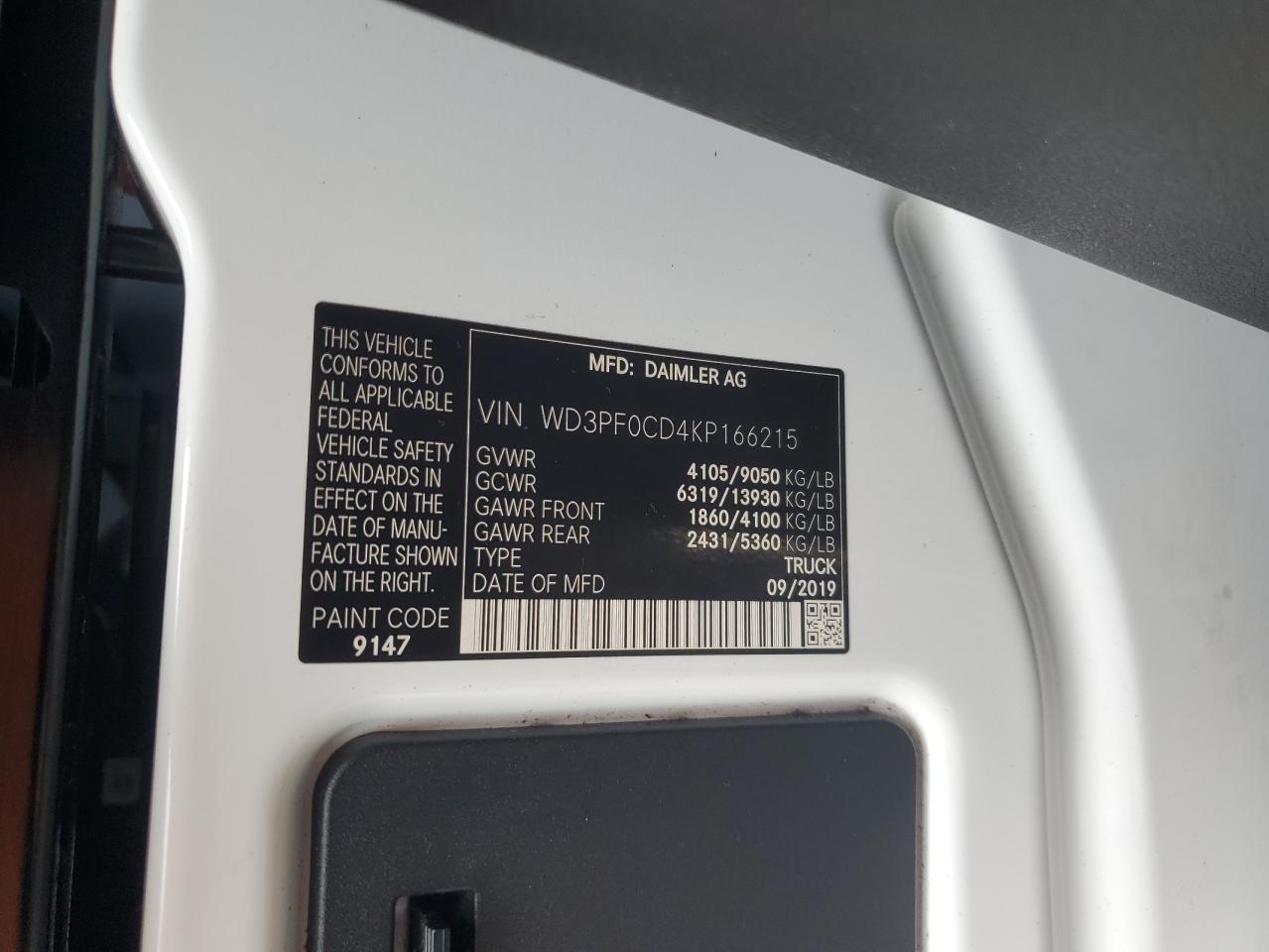 2019 Mercedes-Benz Sprinter 2500/3500 VIN: WD3PF0CD4KP166215 Lot: 66459325