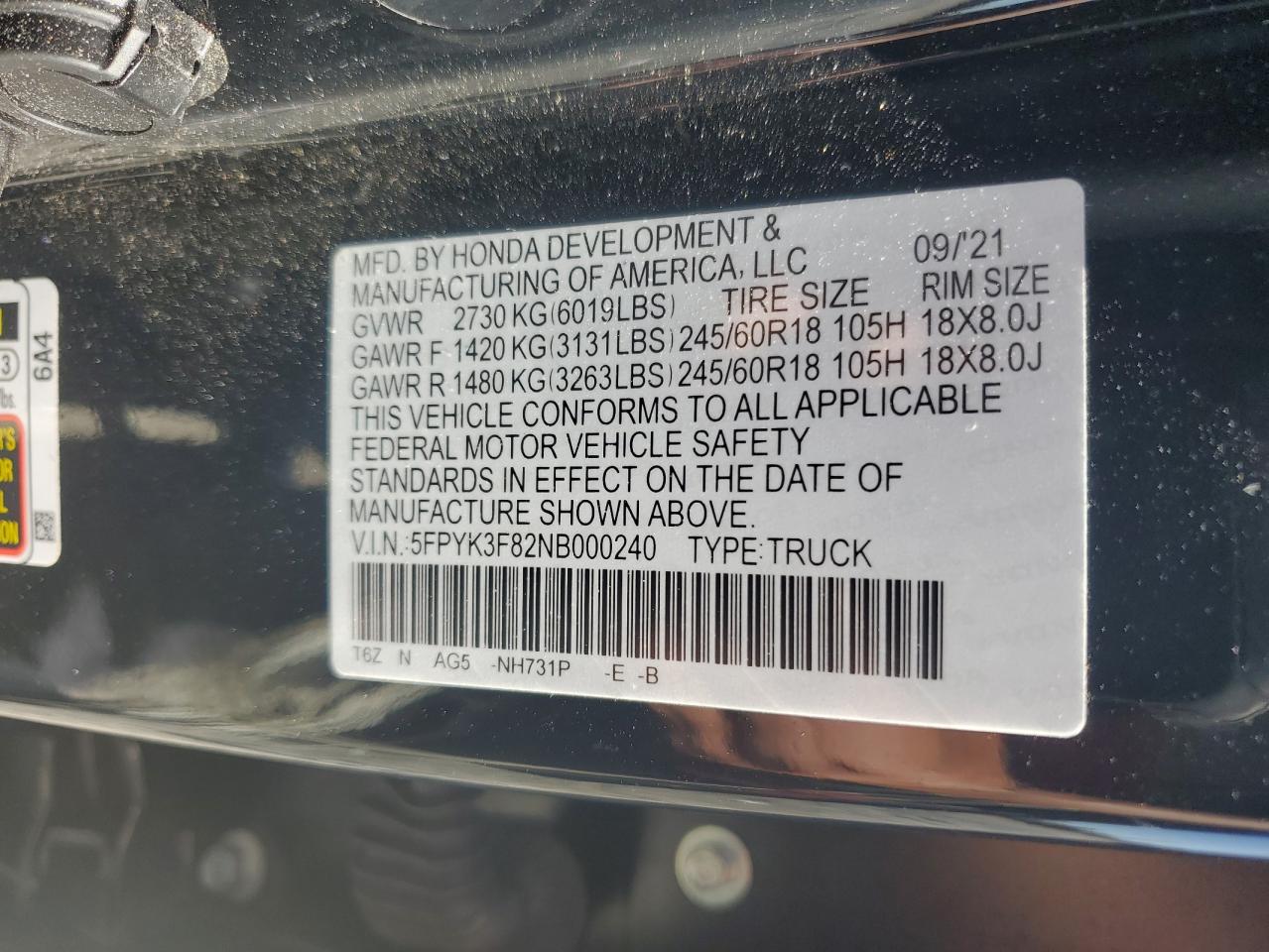 2022 Honda Ridgeline Black Edition VIN: 5FPYK3F82NB000240 Lot: 64379455
