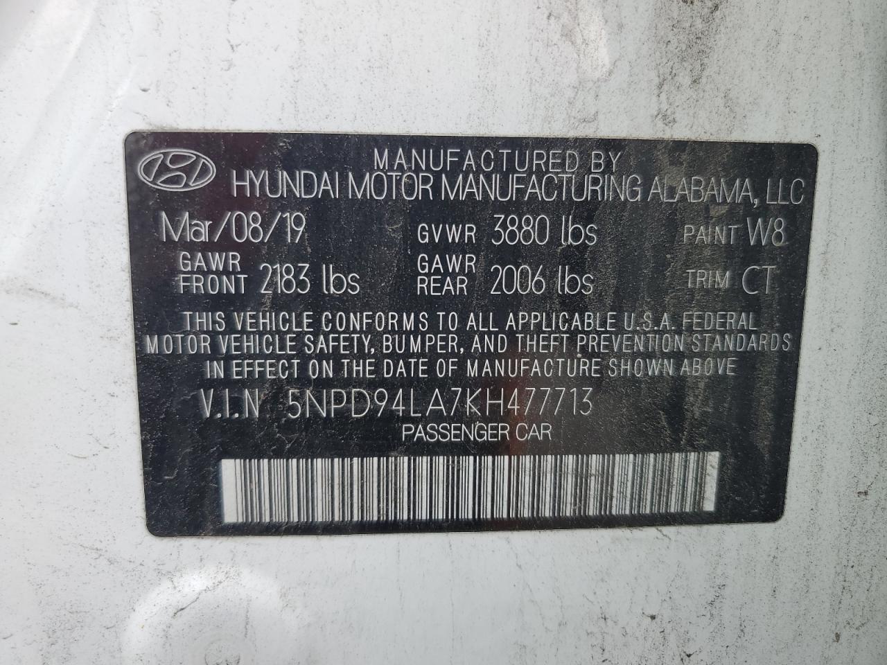 2019 Hyundai Elantra Eco VIN: 5NPD94LA7KH477713 Lot: 63272495