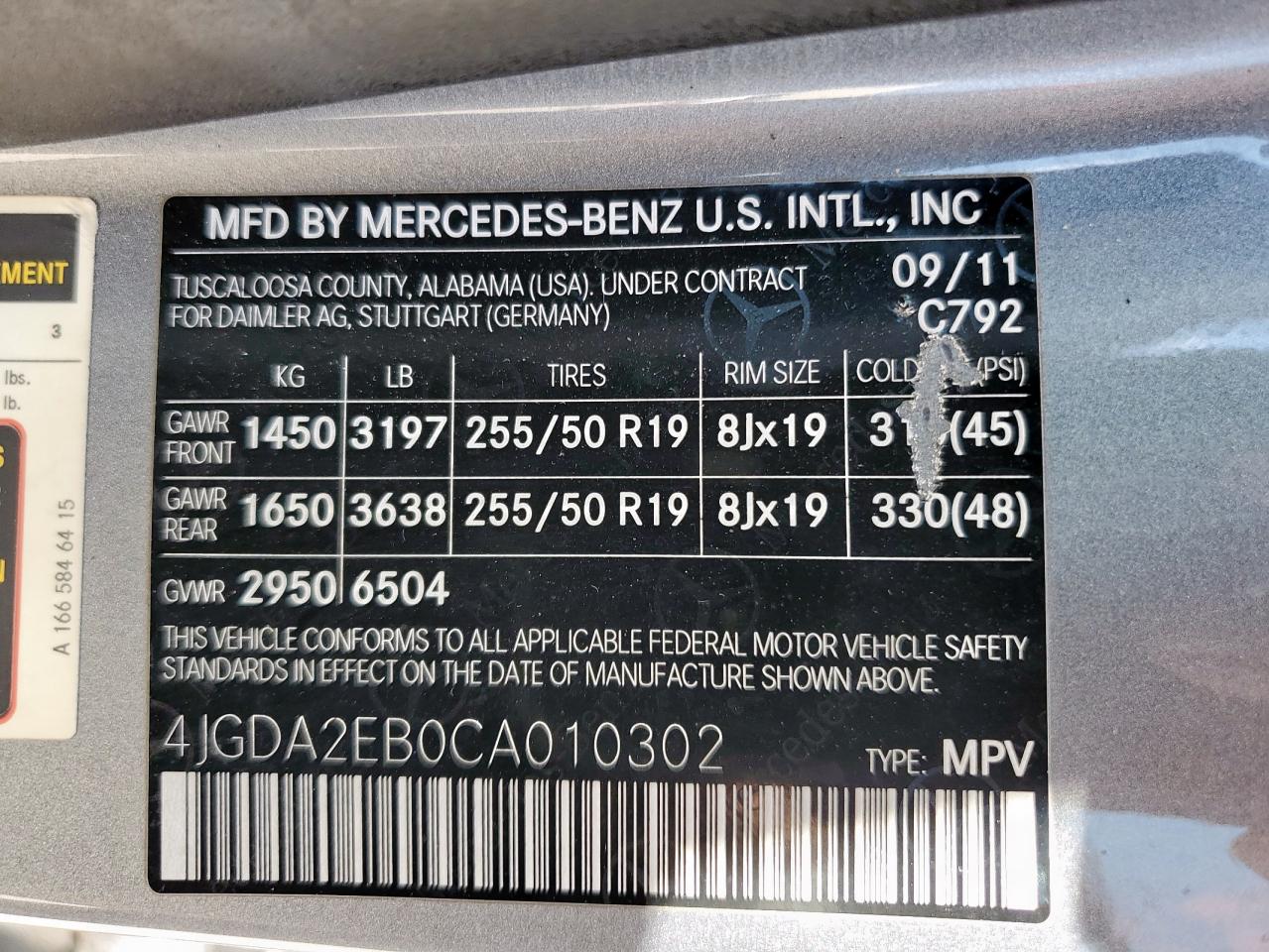 2012 Mercedes-Benz Ml 350 Bluetec VIN: 4JGDA2EB0CA010302 Lot: 64384455