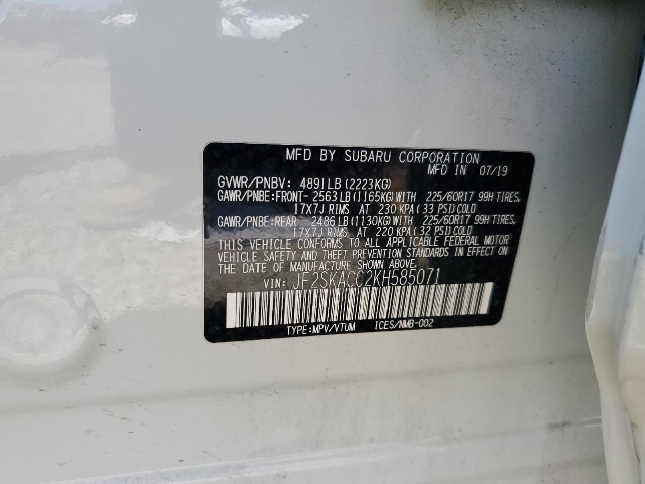 2019 Subaru Forester VIN: JF2SKACC2KH585071 Lot: 63688025