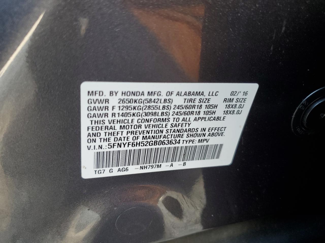 2016 Honda Pilot Exl VIN: 5FNYF6H52GB063634 Lot: 64197695