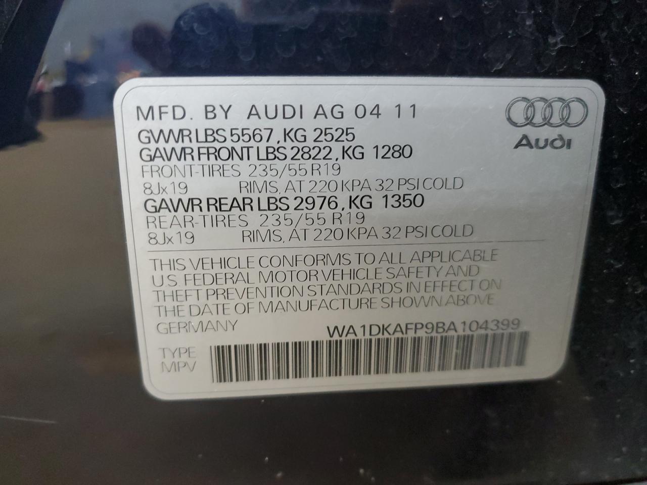 2011 Audi Q5 Premium Plus VIN: WA1DKAFP9BA104399 Lot: 64766755