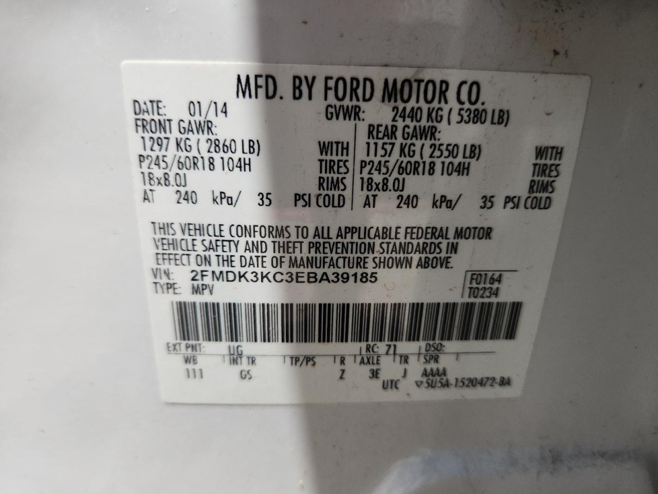 2014 Ford Edge Limited VIN: 2FMDK3KC3EBA39185 Lot: 65592065