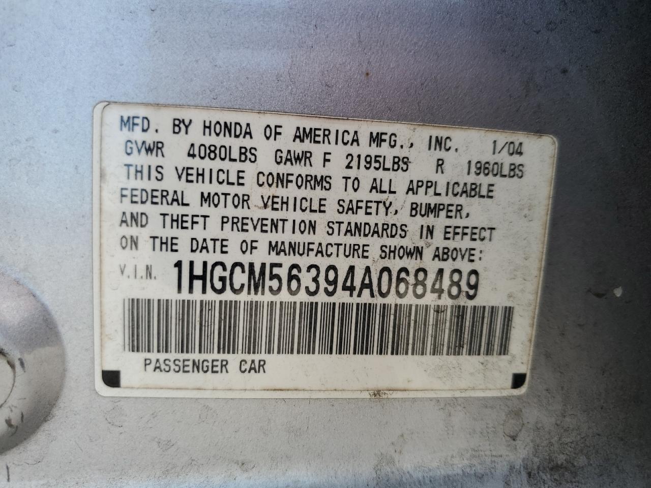2004 Honda Accord Lx VIN: 1HGCM56394A068489 Lot: 62748665