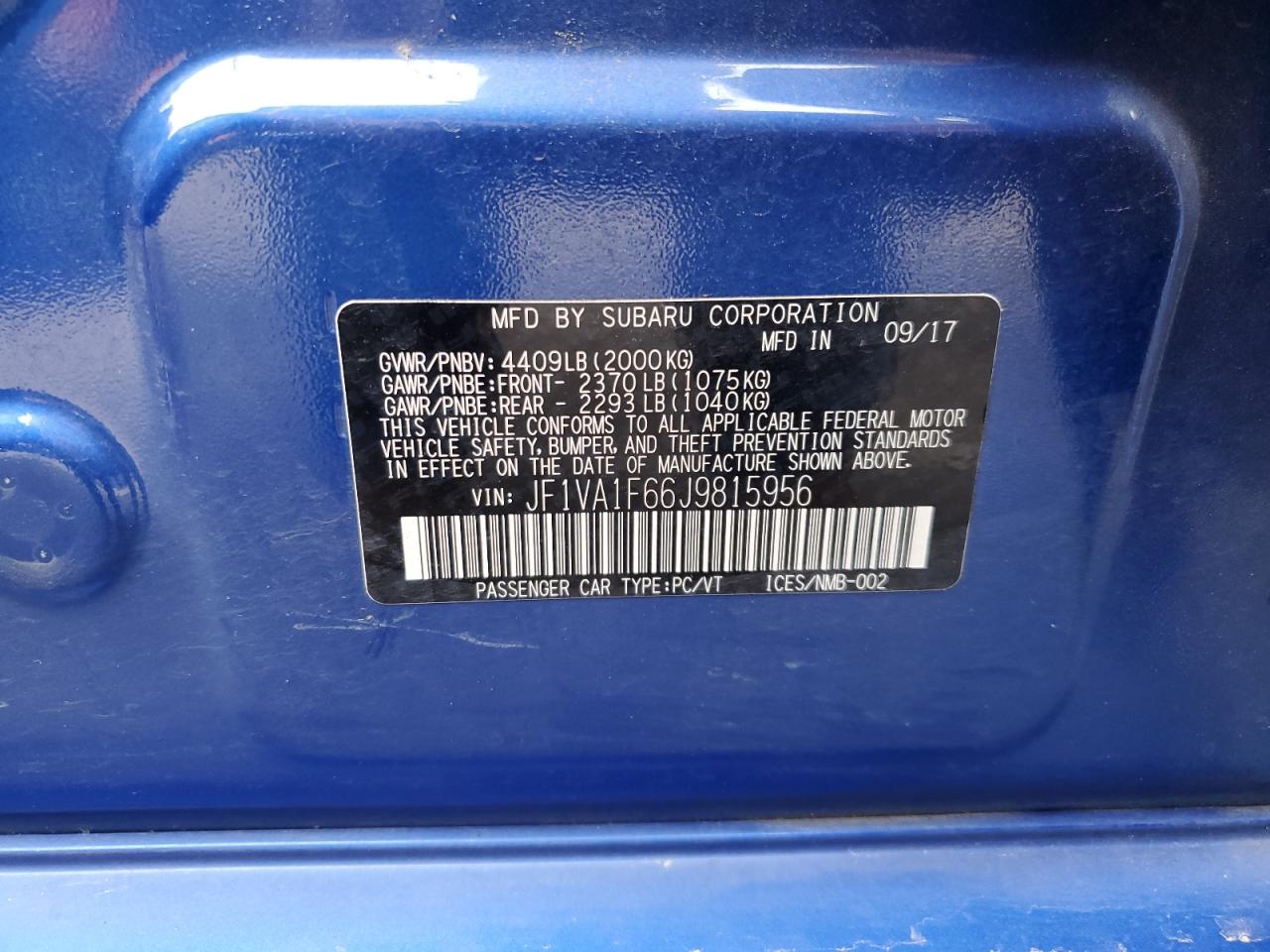 2018 Subaru Wrx Limited VIN: JF1VA1F66J9815956 Lot: 66634325