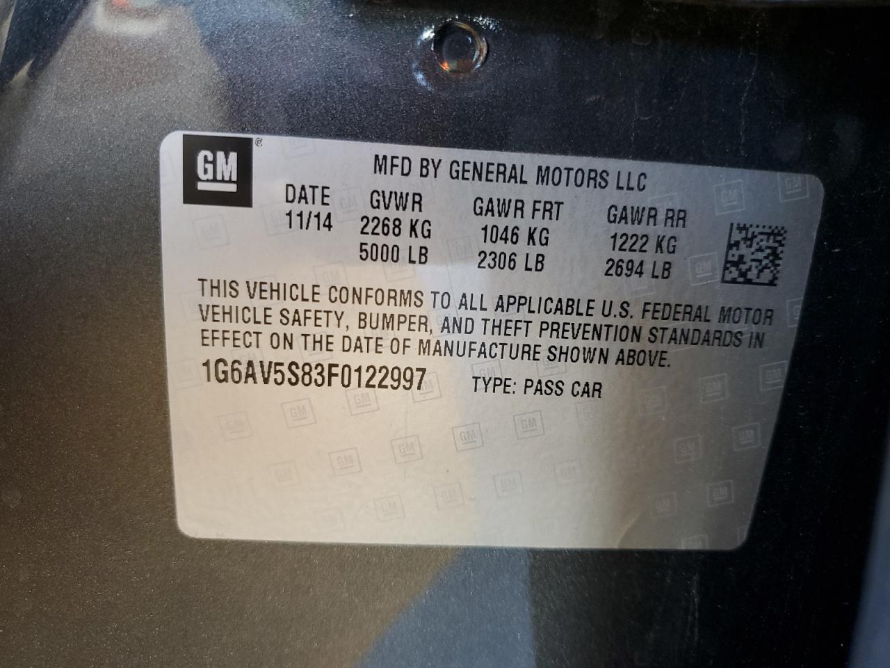 2015 Cadillac Cts Vsport Premium VIN: 1G6AV5S83F0122997 Lot: 63272285