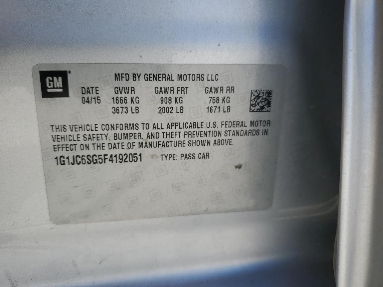 2015 Chevrolet Sonic Lt VIN: 1G1JC6SG5F4192051 Lot: 65088175