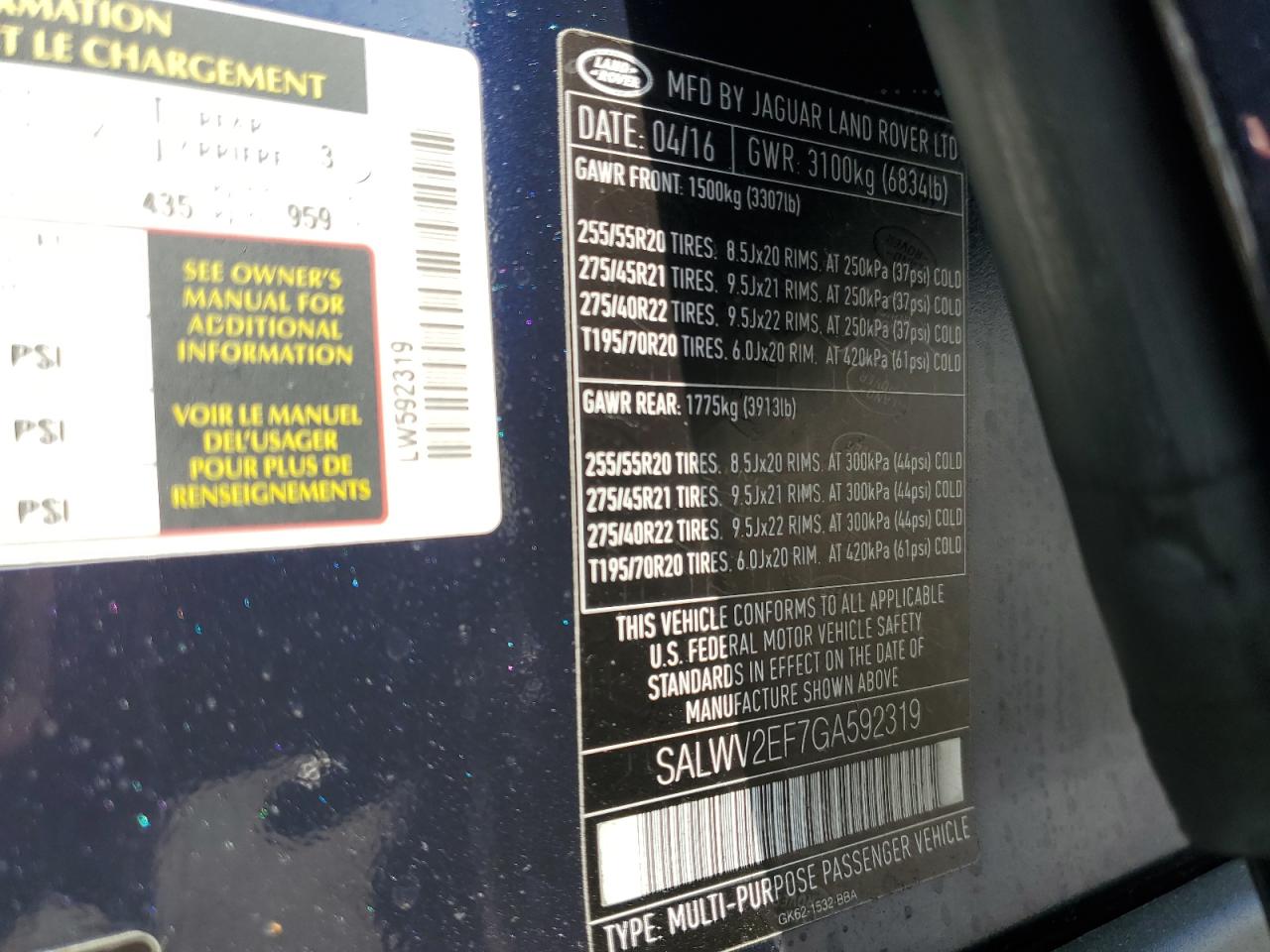 2016 Land Rover Range Rover Sport Autobiography VIN: SALWV2EF7GA592319 Lot: 63611205