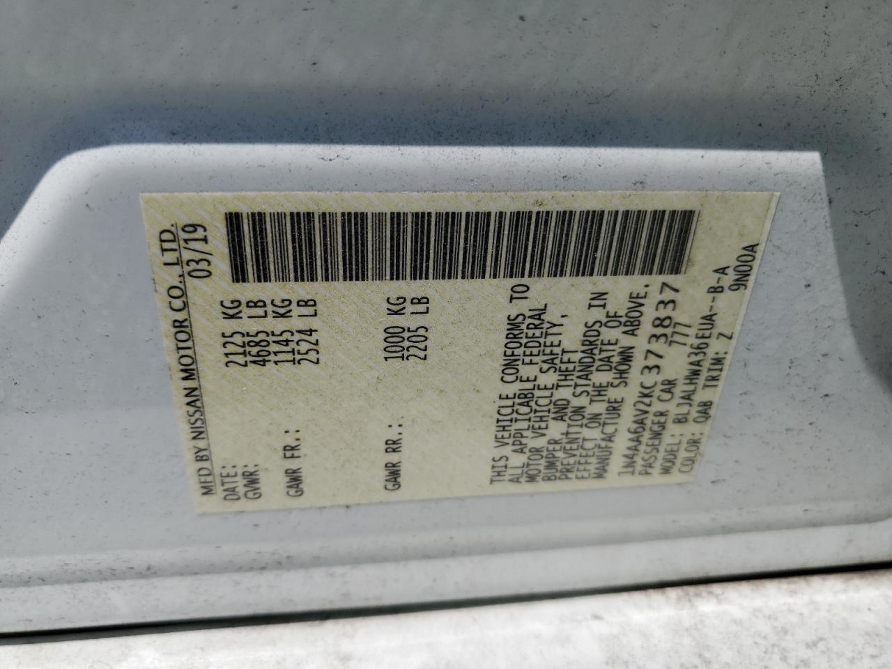 2019 Nissan Maxima S VIN: 1N4AA6AV2KC373837 Lot: 64975265