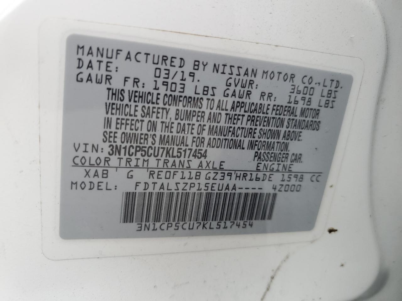 2019 Nissan Kicks S VIN: 3N1CP5CU7KL517454 Lot: 64917335