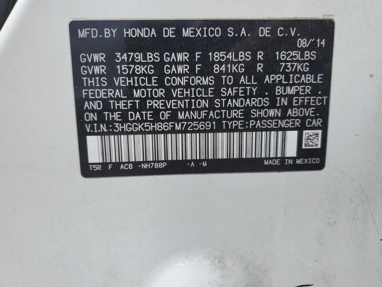 2015 Honda Fit Ex VIN: 3HGGK5H86FM725691 Lot: 64452535