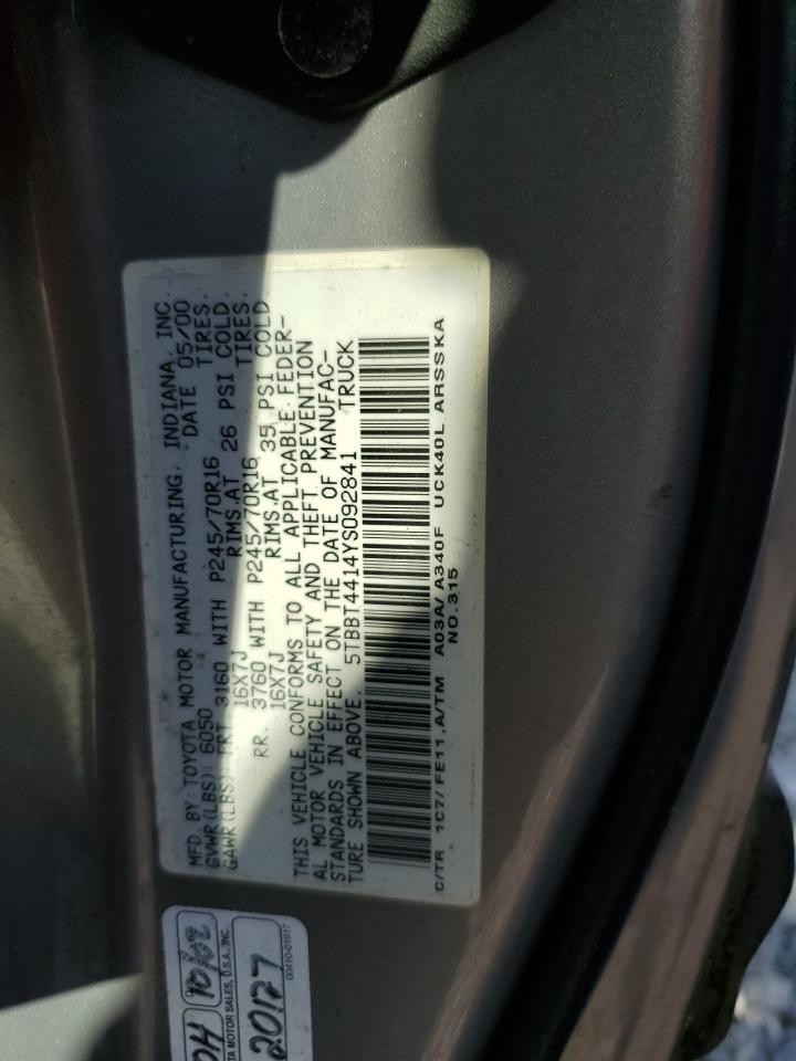 2000 Toyota Tundra Access Cab VIN: 5TBBT4414YS092841 Lot: 66814745