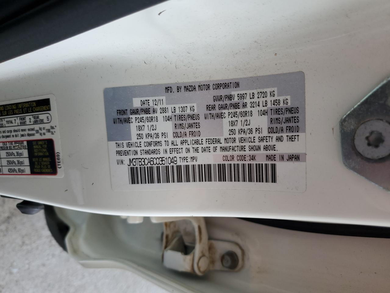 2012 Mazda Cx-9 VIN: JM3TB3CA6C0351049 Lot: 64800235