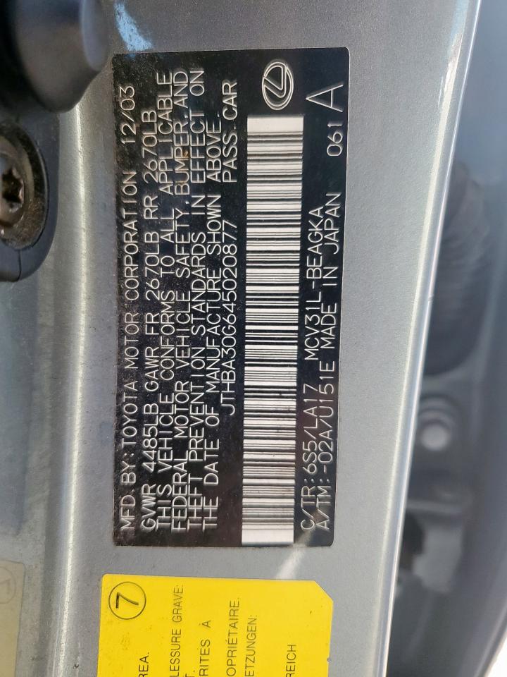 2004 Lexus Es 330 VIN: JTHBA30G645020877 Lot: 64691245