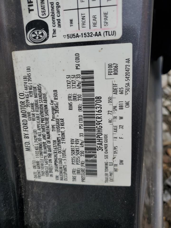 2012 Ford Fusion Se VIN: 3FAHP0HG9CR163708 Lot: 64037115