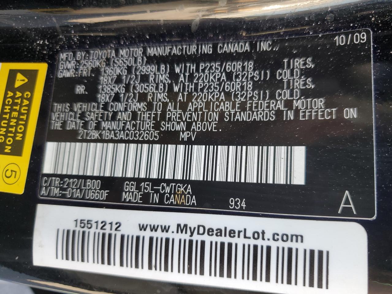 2010 Lexus Rx 350 VIN: 2T2BK1BA3AC032605 Lot: 62780025