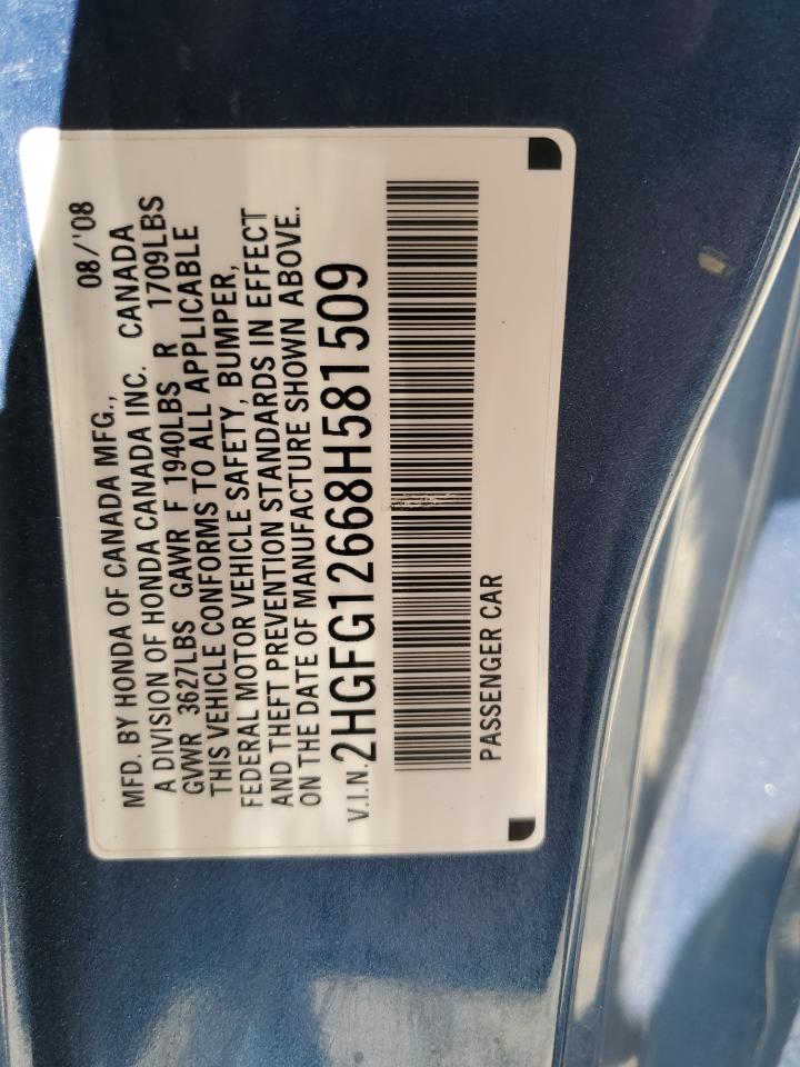 2008 Honda Civic Lx VIN: 2HGFG12668H581509 Lot: 64858165