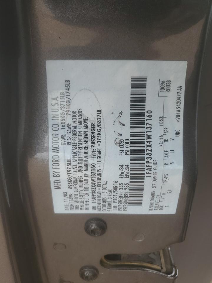 2004 Ford Focus Zts VIN: 1FAFP38ZX4W137160 Lot: 65343105