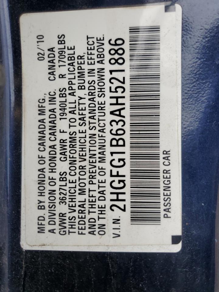 2010 Honda Civic Lx VIN: 2HGFG1B63AH521886 Lot: 65125285