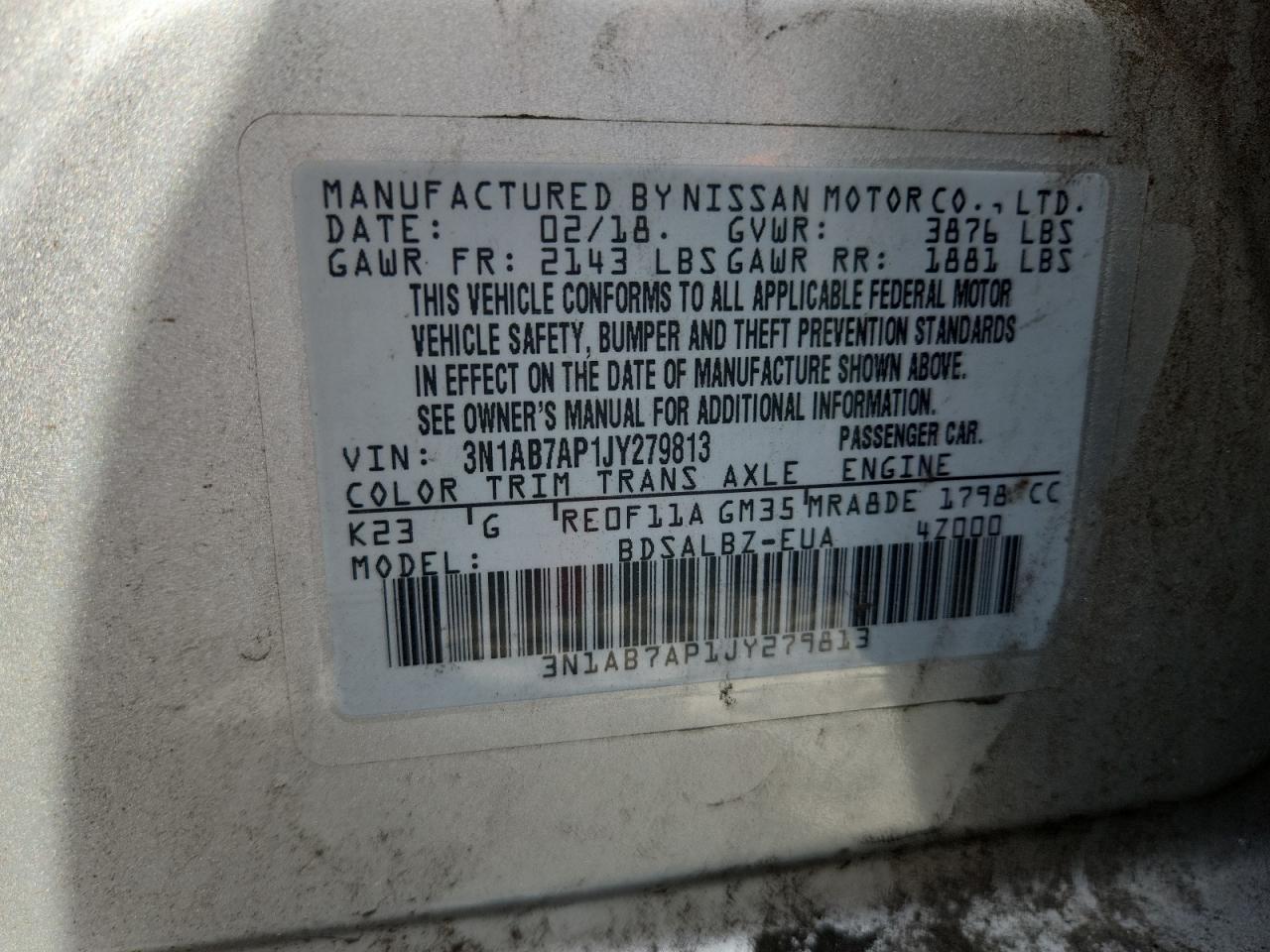 2018 Nissan Sentra S VIN: 3N1AB7AP1JY279813 Lot: 63467665
