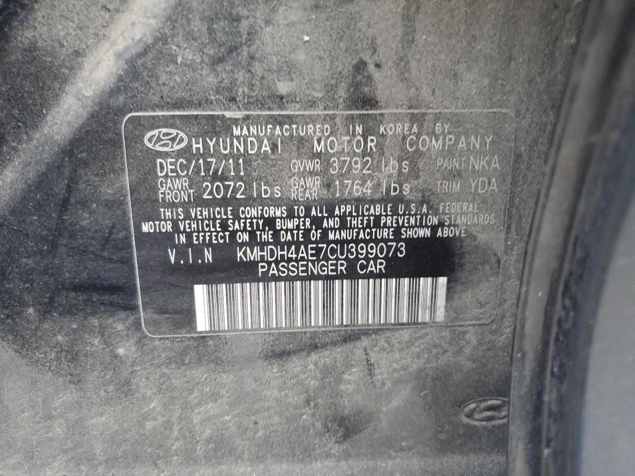 2012 Hyundai Elantra Gls VIN: KMHDH4AE7CU399073 Lot: 64798975