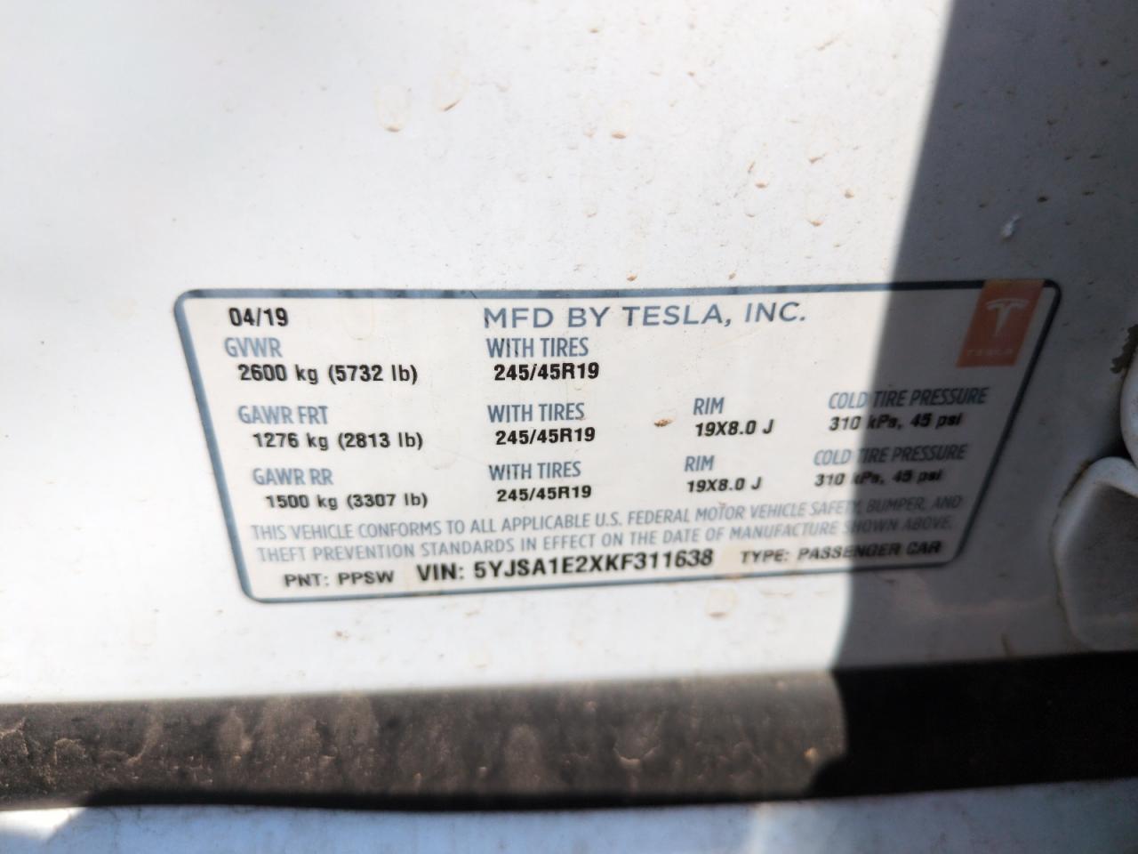 2019 Tesla Model S VIN: 5YJSA1E2XKF311638 Lot: 64451935