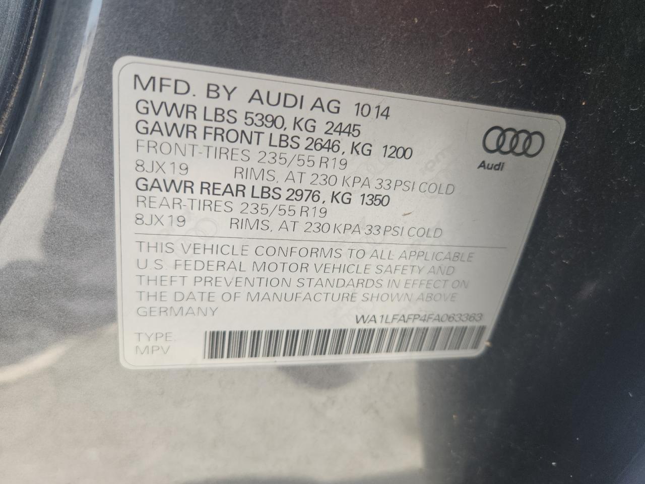 2015 Audi Q5 Premium Plus VIN: WA1LFAFP4FA063363 Lot: 64887155