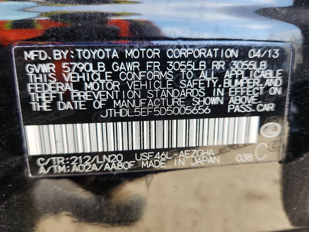 2013 Lexus Ls 460L VIN: JTHDL5EF5D5005656 Lot: 65118495