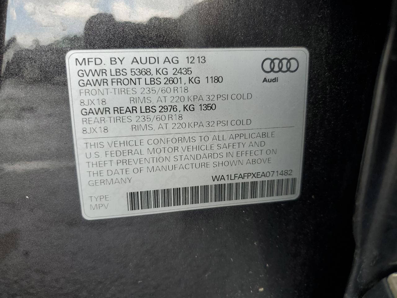 2014 Audi Q5 Premium Plus VIN: WA1LFAFPXEA071482 Lot: 64552065