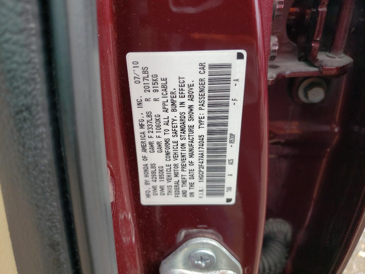 2010 Honda Accord Lxp VIN: 1HGCP2F47AA174045 Lot: 64723155