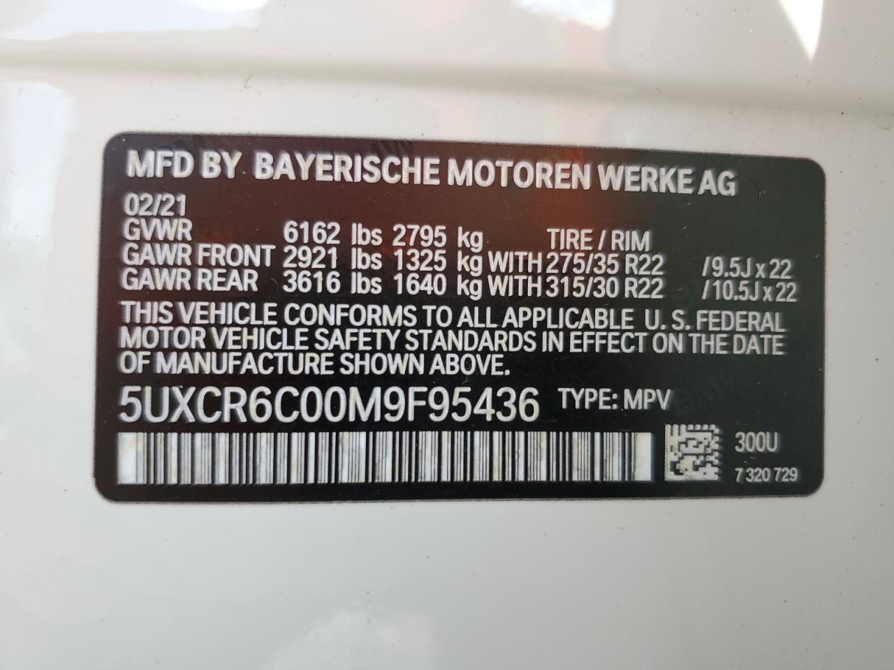 2021 BMW X5 xDrive40I VIN: 5UXCR6C00M9F95436 Lot: 63815355