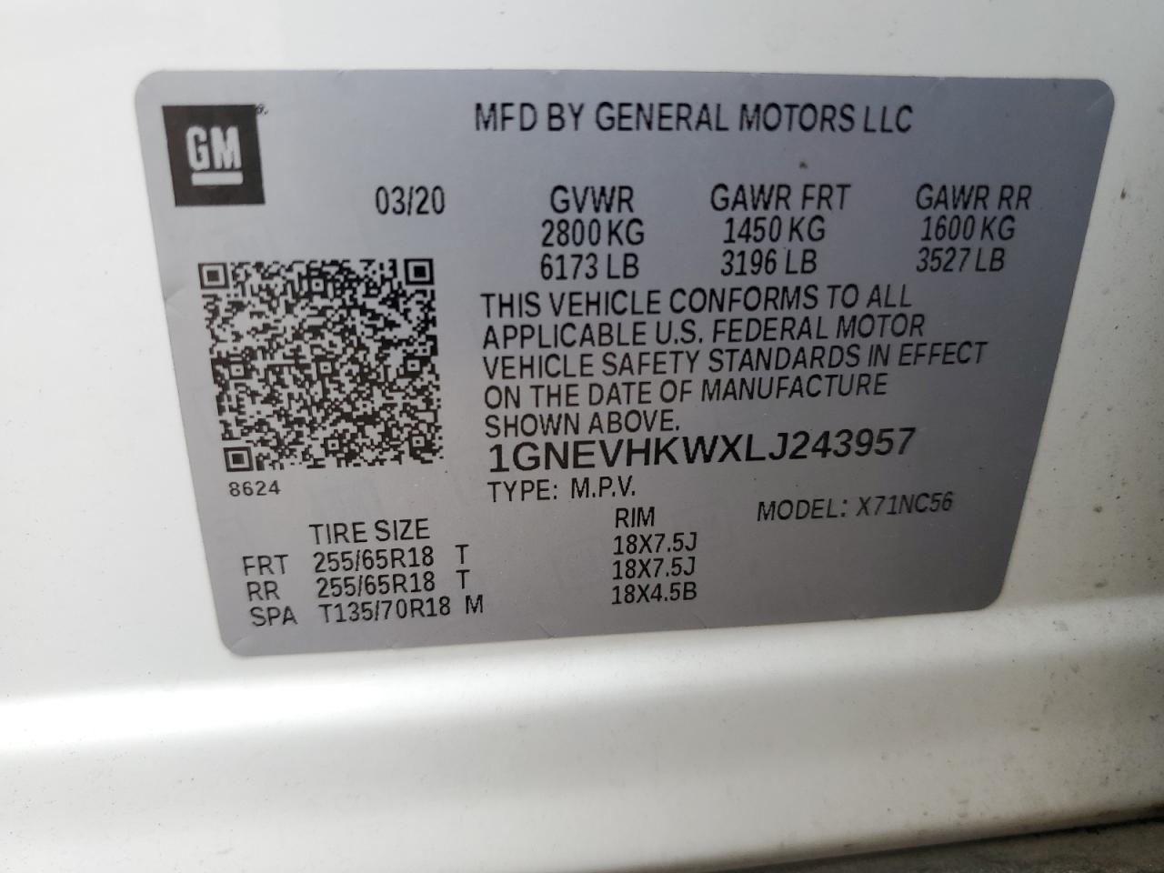 2020 Chevrolet Traverse Lt VIN: 1GNEVHKWXLJ243957 Lot: 64665365