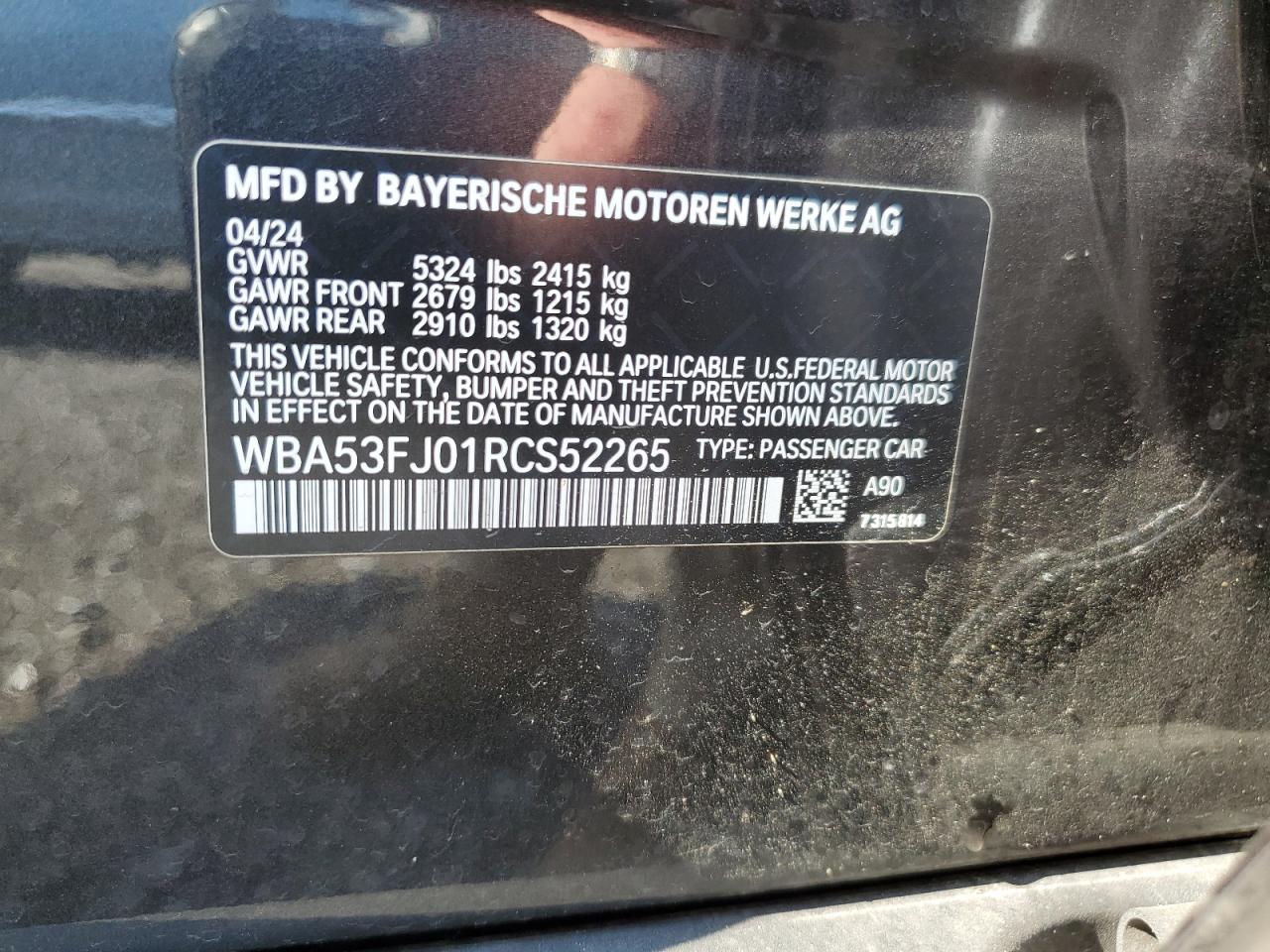 2024 BMW 530 Xi VIN: WBA53FJ01RCS52265 Lot: 66203955