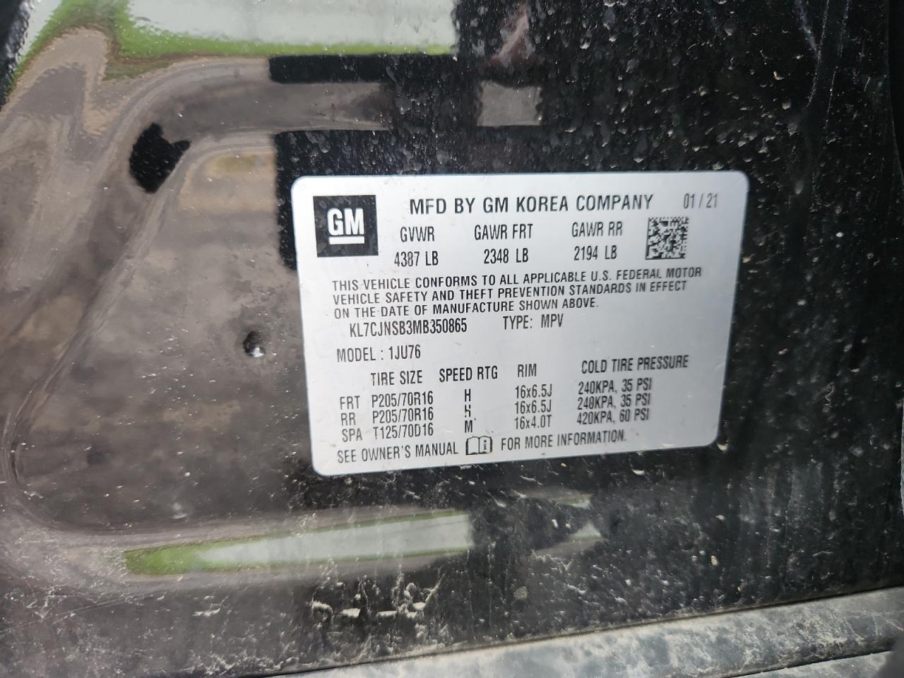 2021 Chevrolet Trax Ls VIN: KL7CJNSB3MB350865 Lot: 65839375